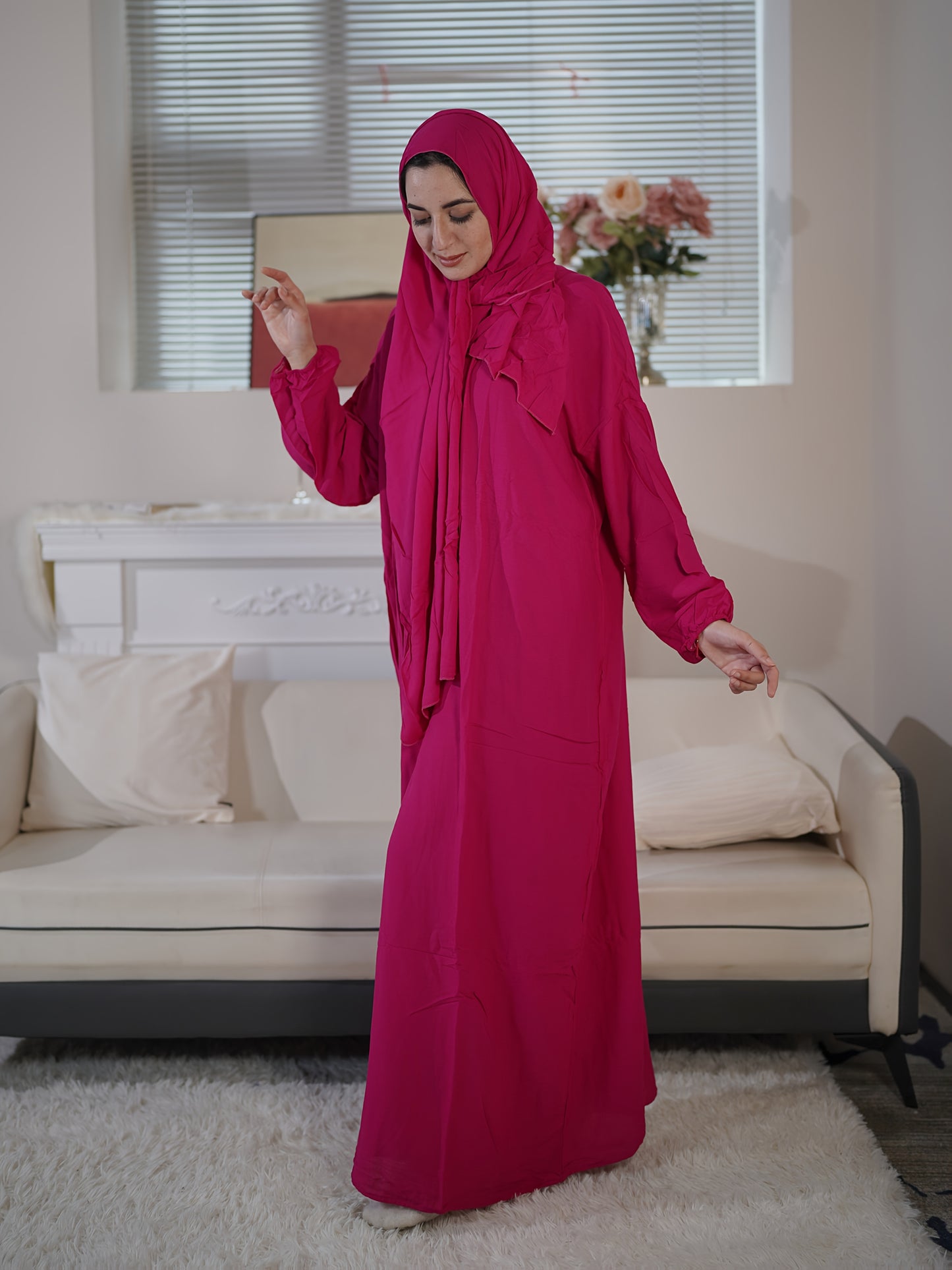 Long Sleeve Comfortable Women's Prayer Arabic Abaya - Integrated Hijab, Solid Color, Loose Fit, Rayon Fabric, Machine Washable