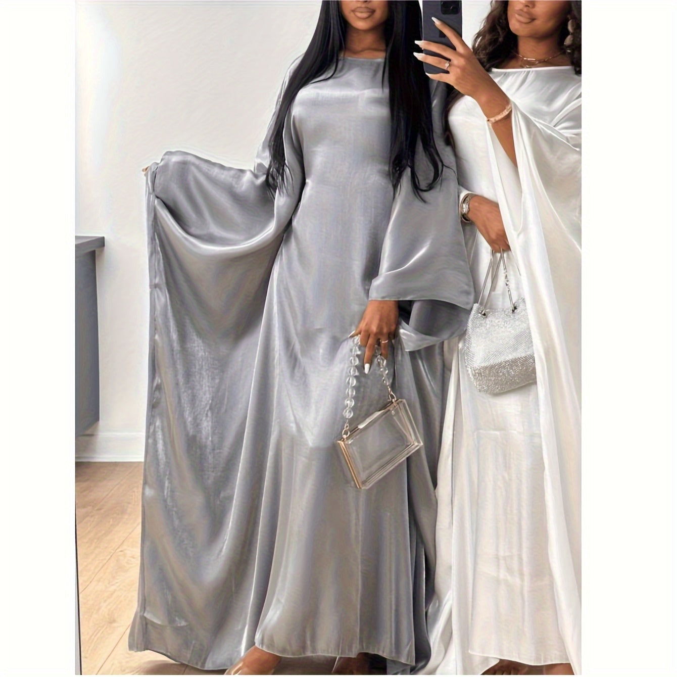 Women's Elegant Satin-Like Abaya Robe - Loose Fit Long Sleeve Breathable Muslim Dress with Middle Eastern-Inspired Design, Non-Stretch Fabric & Luxury Accessory Inclusion for Parties