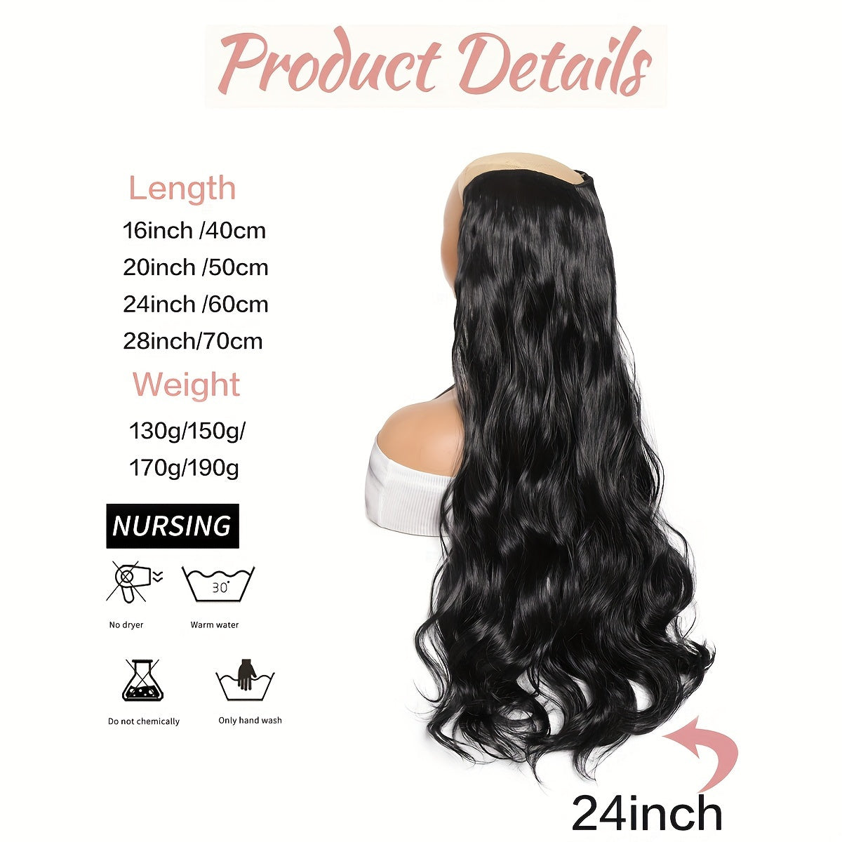 Synthetic Fiber Big Wave V-Shaped Hair Extensions, White Invisible, Available in 16/20/24/28 Inches, 4 Clip-In Extensions, with Options in Black And Brown for Everyday Parties And Holiday Gatherings