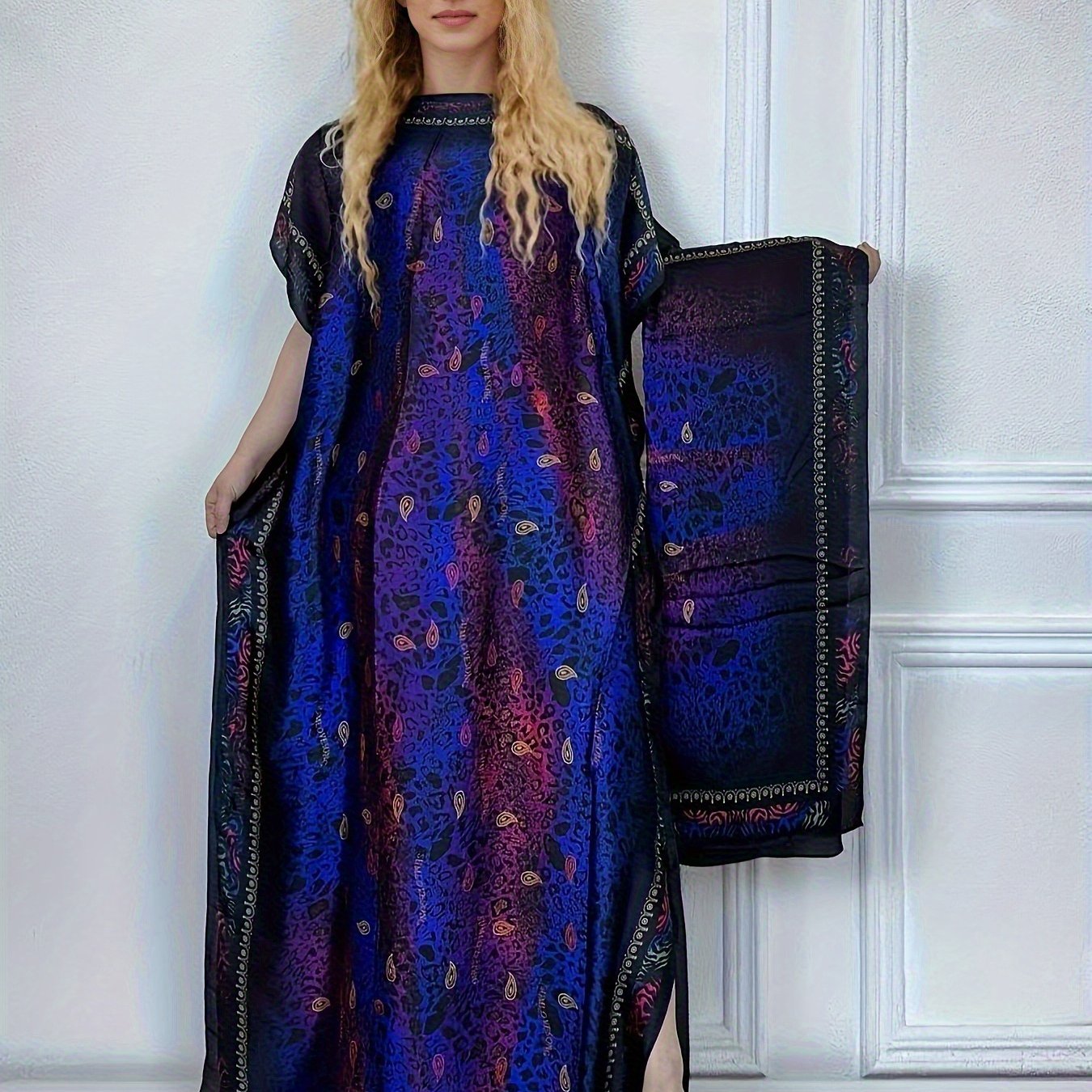Women's Middle Eastern Style Color-Block Batwing Sleeve Long Cover-Up Abaya Dress with Scarf - Loose Fit H-Shaped All-Season Lightweight Beach Pool Party Dress