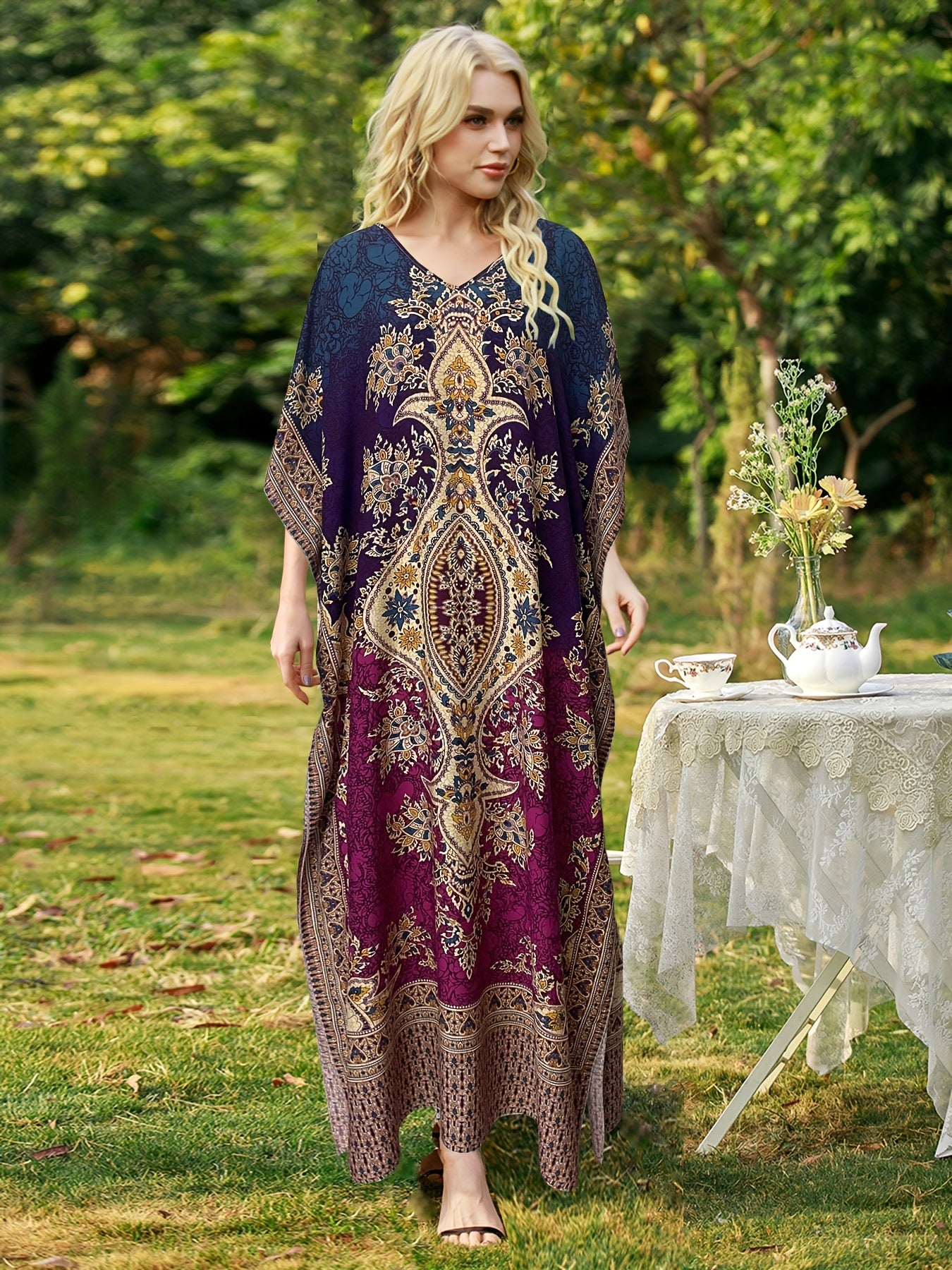 Plus Size, European and American Plus Size Women's Bohemian Vacation Dress with Middle Eastern Kaftan Abaya Style