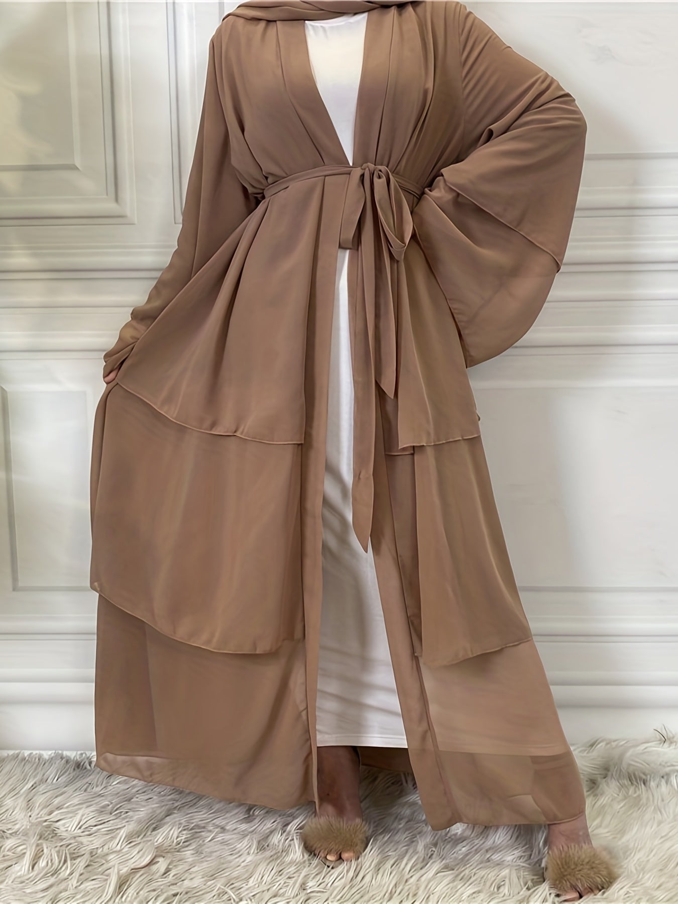 Ramadan Layered Open Front Modest Pakistani Abaya, Long Sleeve Muslim Dress With Belted, Without Hijab, Women's Clothing