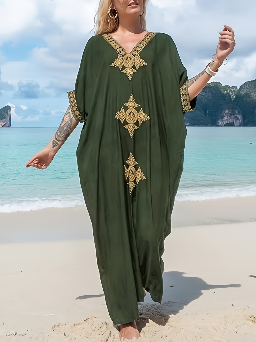 Gold Embroidery Long Kaftan Dresses V Neck Caftan Dress Beach Cover Ups