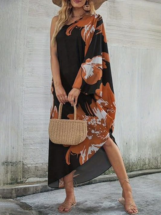Women'S Elegant Kaftan Dress - V-Neck, Long Sleeve, Flowy Beach Cover-Up with Orange & Black Floral Print, Lightweight Polyester for Summer Vacation, Beach Dress