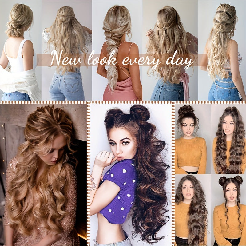 Thick Clip In Long Wavy Synthetic Hair Extensions - 24 Inch Balayage Brown Black Double Weft Fiber Hidden Wire Hairpieces for Women - Easy to Style, Natural Looking, And Long-Lasting Hair Enhancement