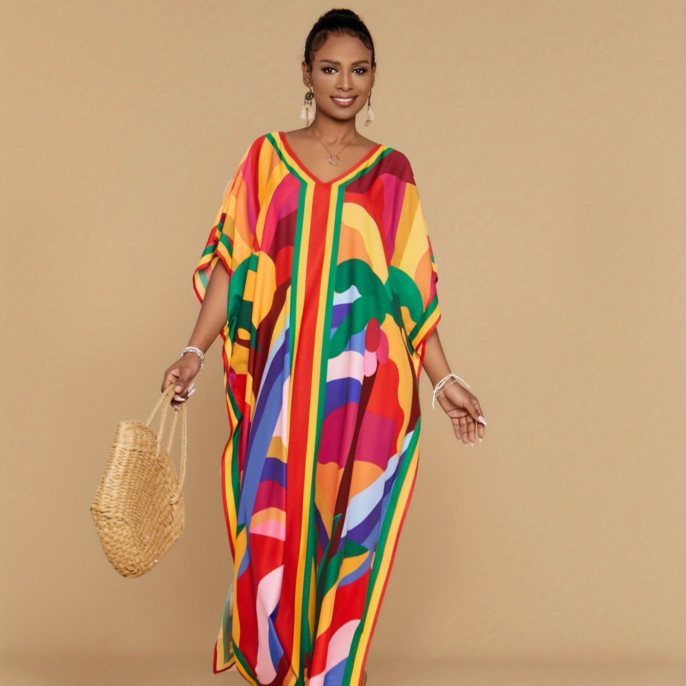 [Coconut Tree Printed Kaftan Dress] Christmas Red Yellow Coconut Tree Printed Kaftan Dress - Four Side Elastic Long Beach Holiday Style V-Neck Loose Large Size Swimwear Cover Up Ethnic Style Casual Home Robe