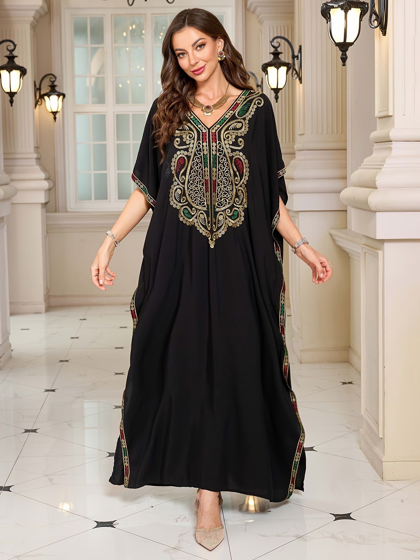 EDOLYNSA Sexy V-Neck Black Retro Colorful Embroidered Batwing Sleeve Elegant Dress Middle Eastern Fashion Loose Kaftan Long Robe Q1865