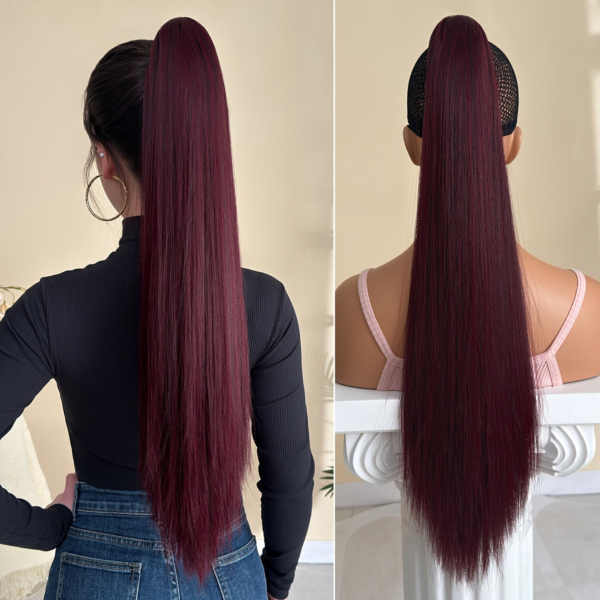 [YUSULAXI Ombre Hair Extension] YUSULAXI 26" Long Straight Heat-Resistant Synthetic Hair Ombre Black to Brown Claw Clip Ponytail Extension - Voluminous Texture for Women's Daily Use