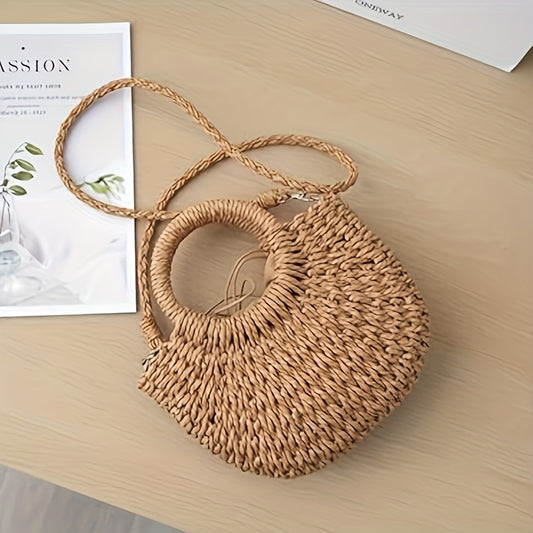 Hand woven Leather Shoulder Bag Women's Summer Beach Tote with Polyester Lining, Drawstring Closure, and Detachable Messenger Strap