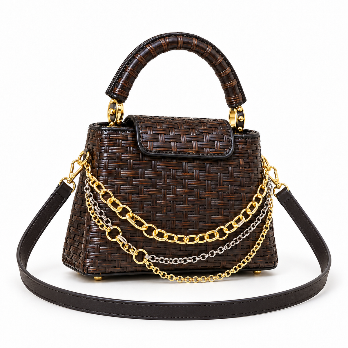 Dark Brown Woven Chain Detail Crossbody Bag