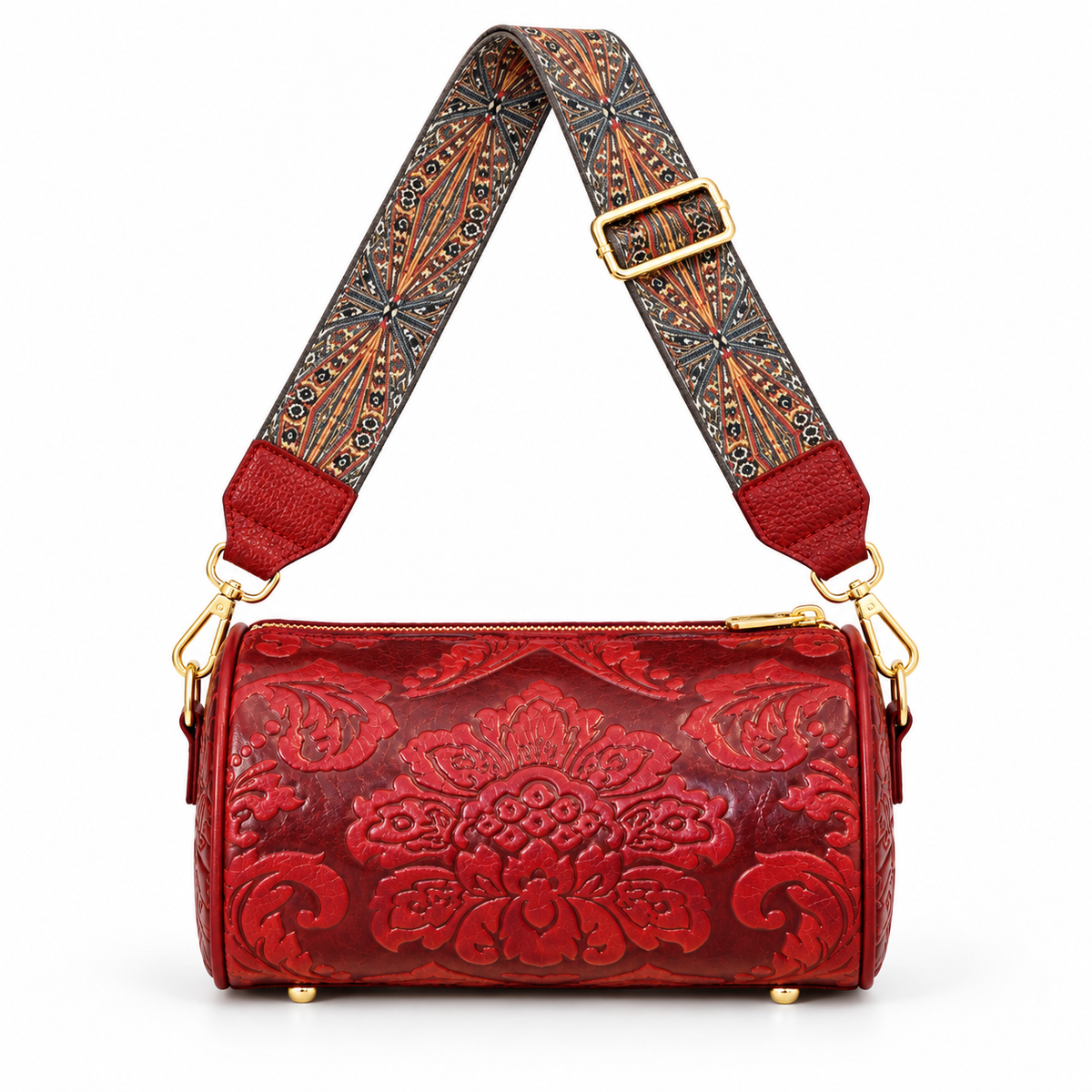 Burgundy Floral Embossed Vintage Crossbody Bag
