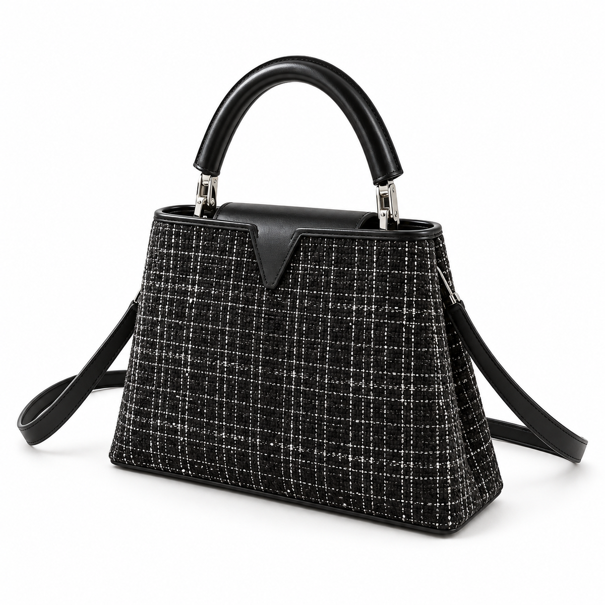 Black Checkered Vegan Leather Top handle Bag
