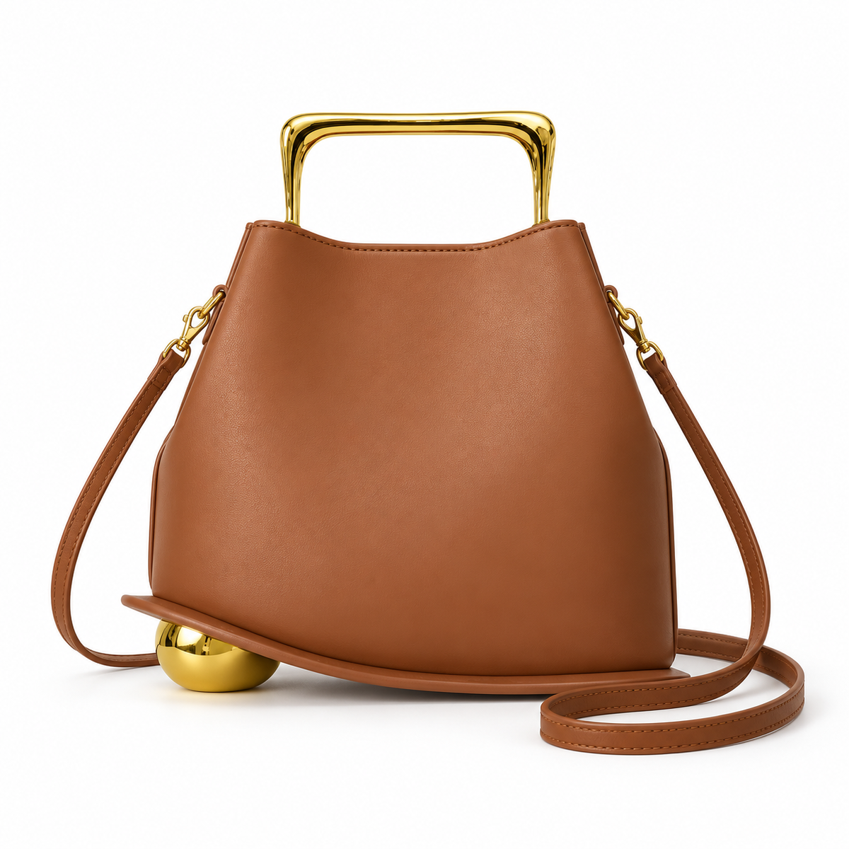 Caramel Leather Evening Clutch Gold Handle