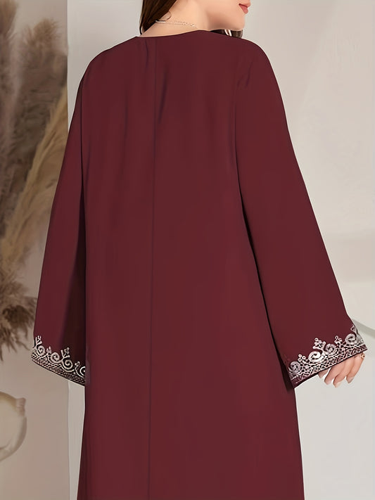 Plus Size Ethnic V-Neck Long Sleeve Arabic Abaya with White Floral Print on Wine Red - Loose Fit H-Line Silhouette, Machine Washable Middle Eastern-Inspired Casual to Formal Wear