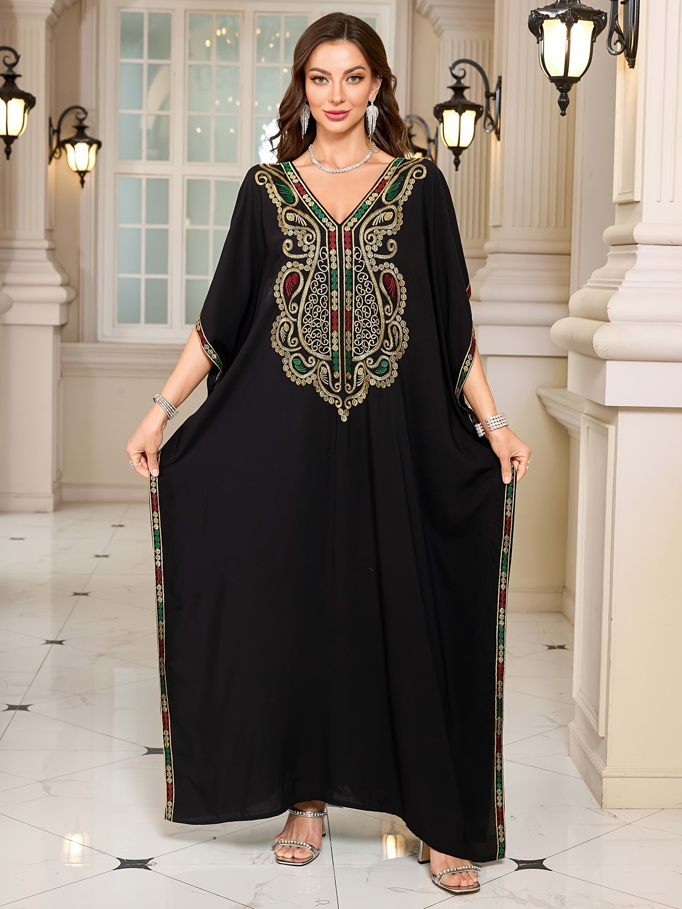 EDOLYNSA Sexy V-Neck Black Retro Colorful Embroidered Batwing Sleeve Elegant Dress Middle Eastern Fashion Loose Kaftan Long Robe Q1865