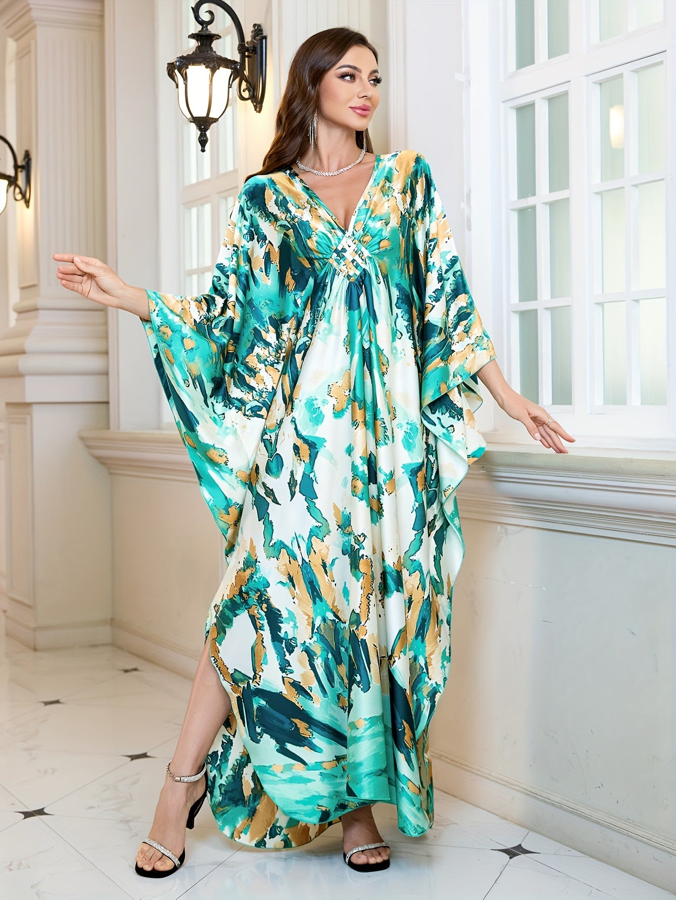 [Plus Size Kaftans] Elegant Plus Size Green and White Printed Beach Kaftans | Maxi Dresses Holiday Bathing Suits Cover Ups