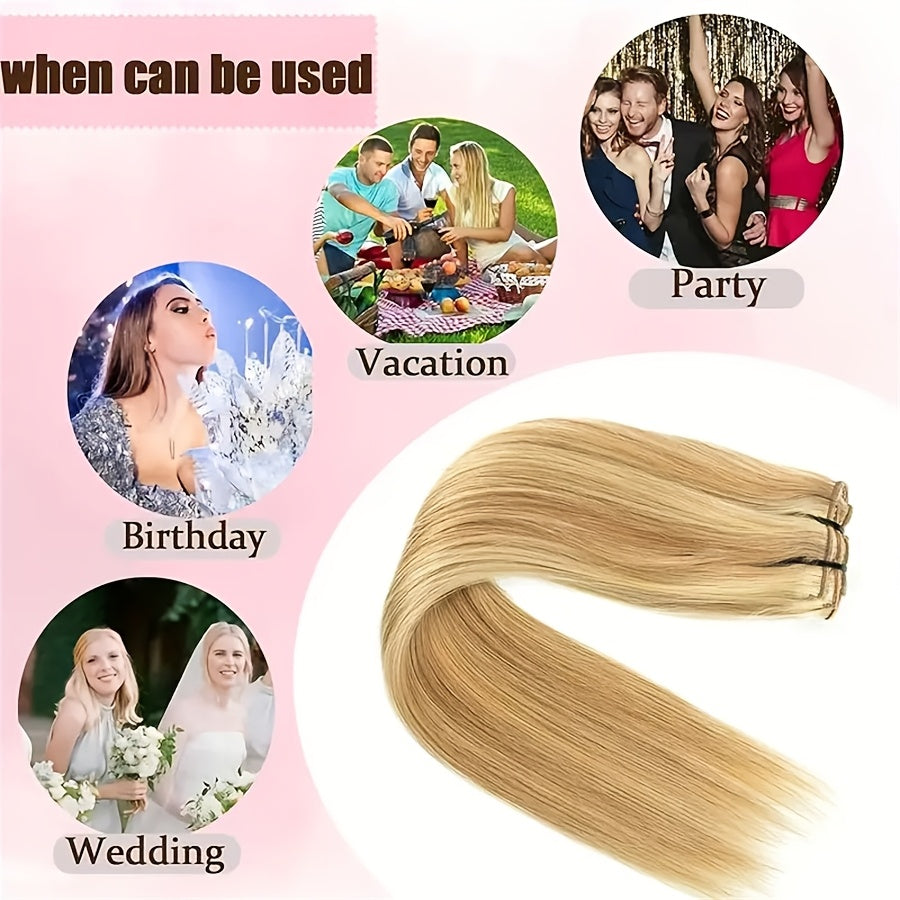 8pcs Clip In Hair Extensions 100% Real Human Hair P8/613 Color Brown Highlight Blonde For Women Daily Use Real Easy Wear