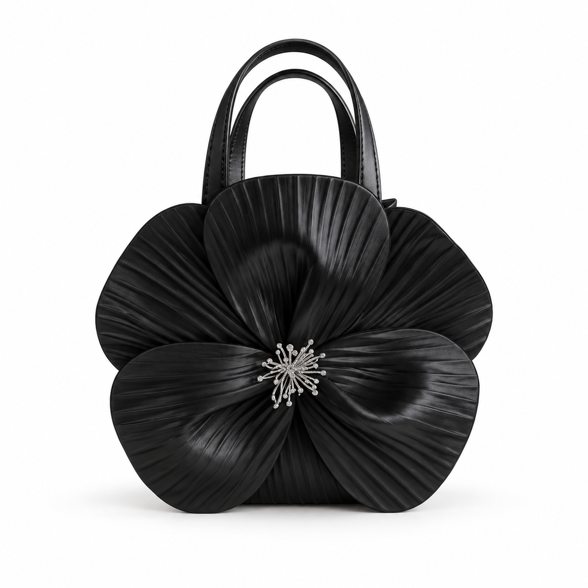 Elegant Black Pleated Flower Handle Clutch