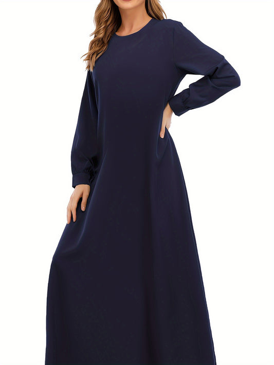 Ramadan Crew Neck Long Sleeve Modest Arabic Abaya, Solid Color Zipper Maxi Length Dress, Women's Clothing