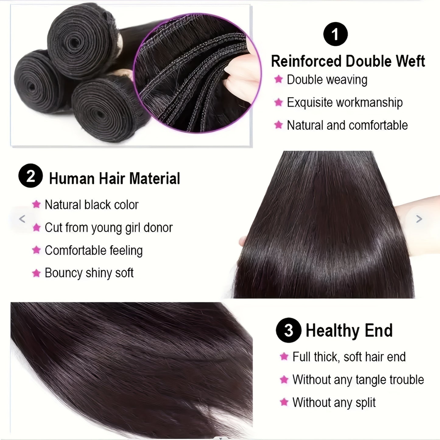 Three Bundles of Brazilian Straight Hair Made from 100% Unprocessed Human Hair, Featuring Double Wefts. These Virgin Straight Hair Extensions Are Designed for Women