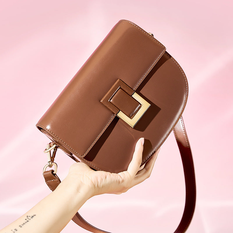 2025 New Style Women's Vintage Saddle Crossbody Bag - Genuine Leather Shoulder Bag with Golden-Tone Buckle Closure, Polyester Lining & Oil-Edged Trim