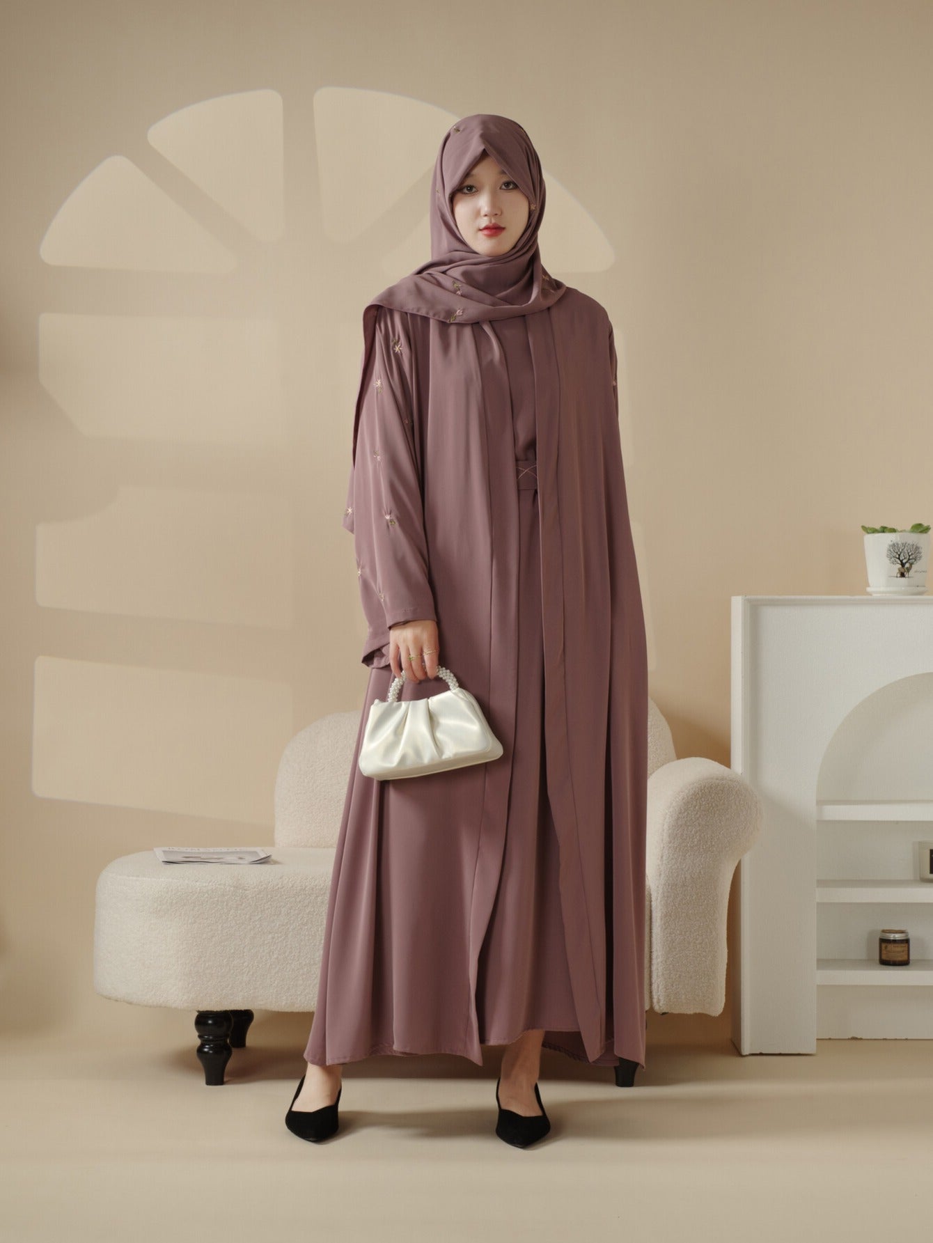 Tulip Embroidery Open Abaya 4pcs set: Includes open abaya, inner dress, matching belt, and hijab