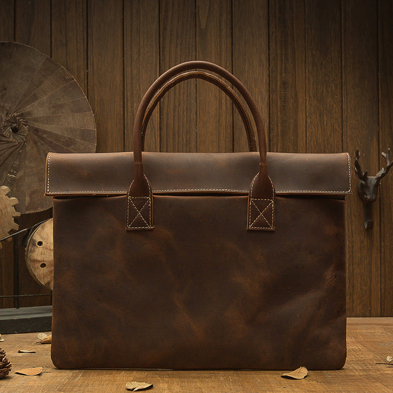 Lightweight Men's Genuine Leather Laptop Bag - Minimalist Business Casual Tote with Brown Accents, Durable Polyester Lining