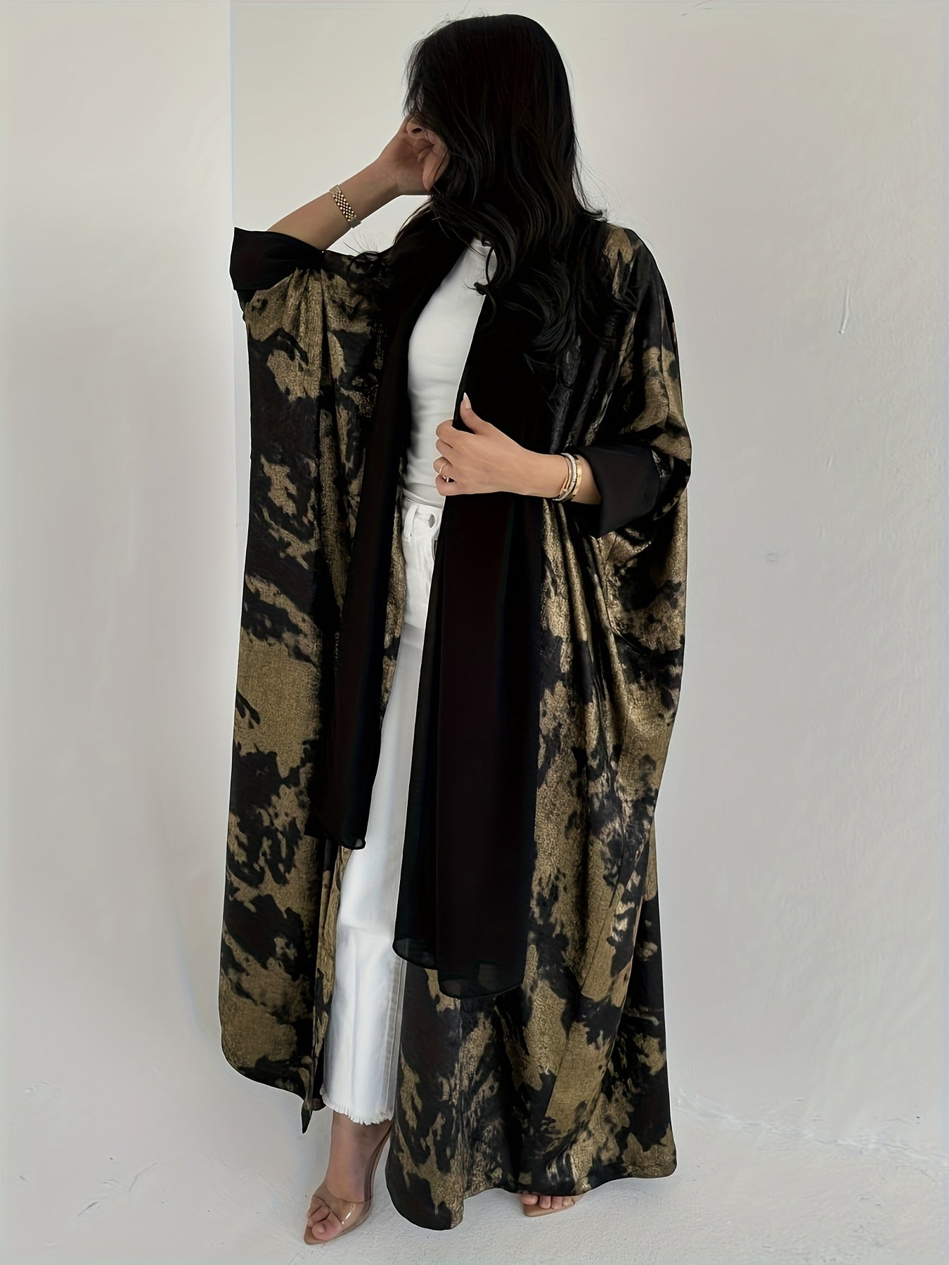 Women's Islamic Abaya Robe - Elegant Black & Golden Arabic Gulf Wedding & Everyday Hijab Coat, Long Flowing Muslim Dress with Open Front, Non-Stretchy Fabric for Modest Muslim Women