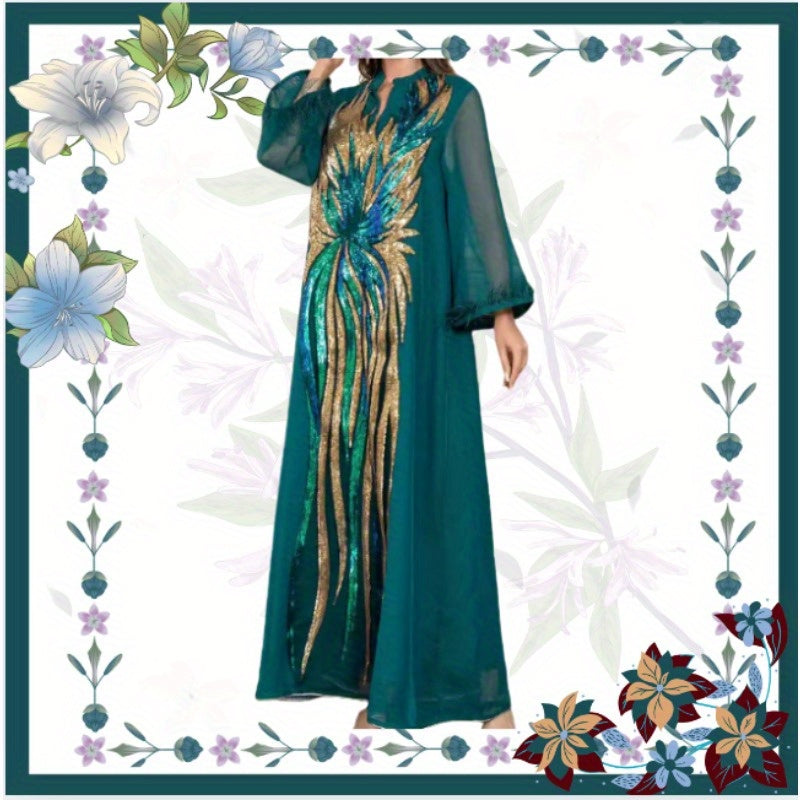 Women's Elegant Islamic Abaya Robe -Modern Long Sleeve V-Neck Islamic Dress with Floor-Length Coverage, Formal & Everyday Muslim Gown for Weddings, Eid - Modest Muslim Clothing