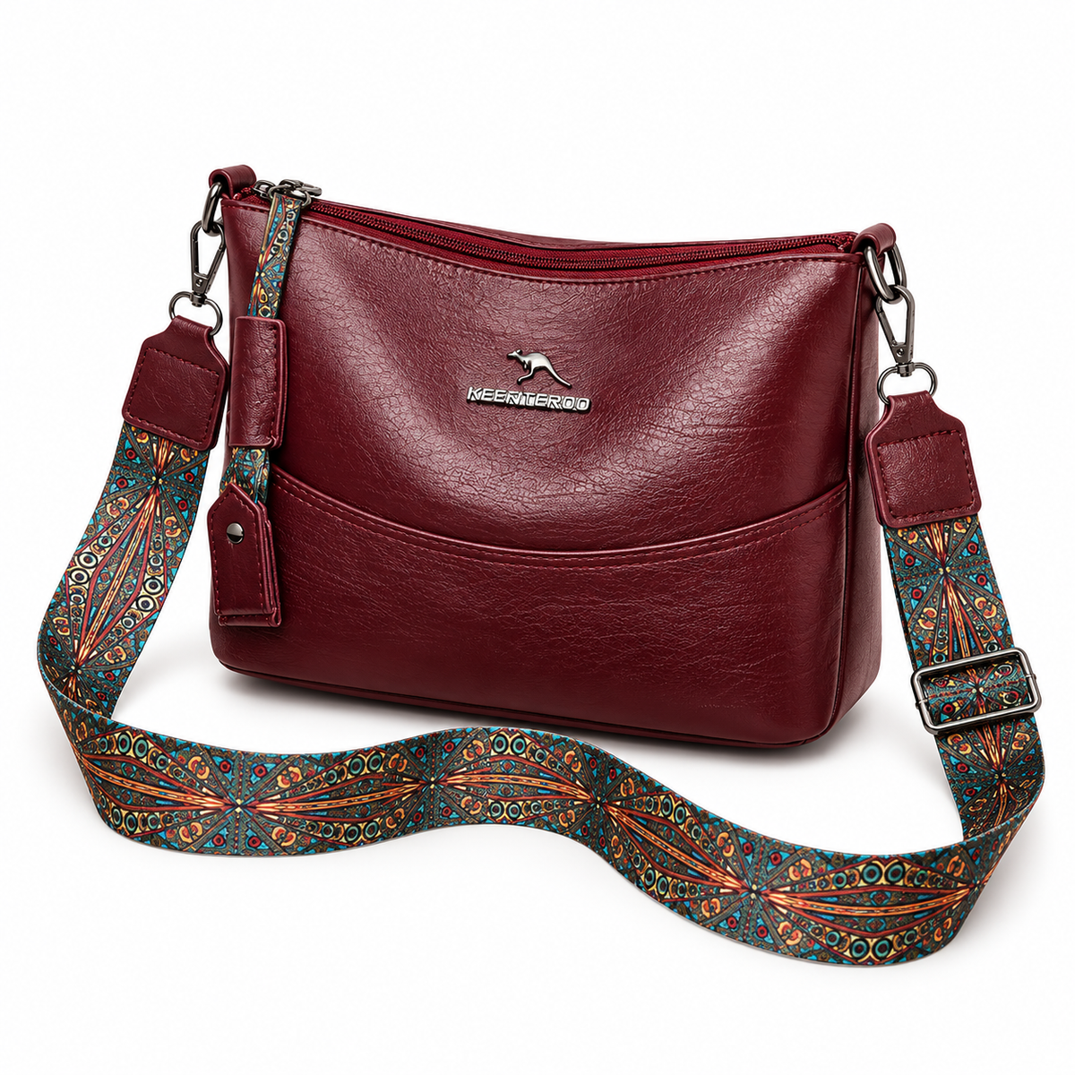 Burgundy Crossbody Bag With Patterned Strap