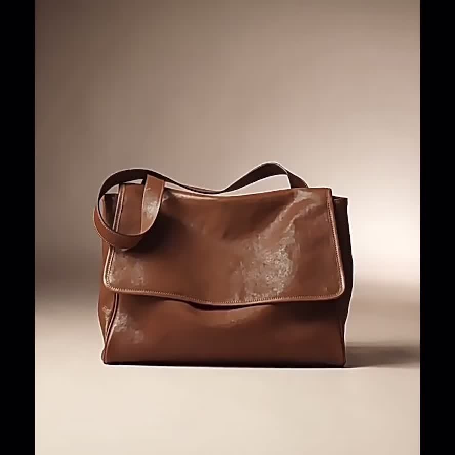 Top-Grain Vintage Genuine Leather Tote Messenger Bag - Flap Closure, Fixed Shoulder Strap, Large Capacity