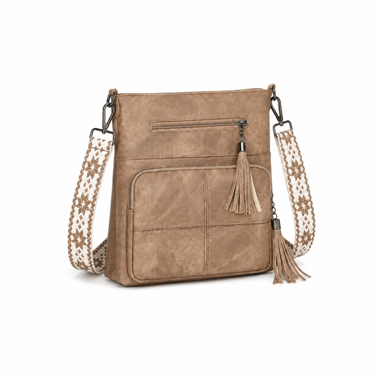 Khaki Tassel Crossbody Bag with Woven Strap