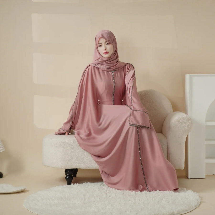 Batwing Emirati Abaya with Matching Hijab | Batwing Sleeve Abaya – Elegant Middle Eastern Arab, Islamic Style Shawl Robe Dress for Women, Long Skirt, Ramadan Prayer Outfit