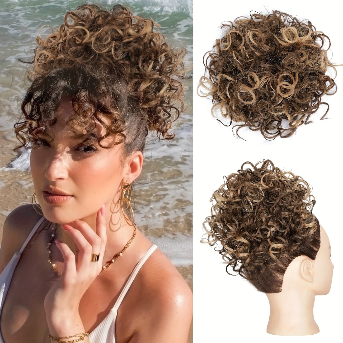 Stunning And Gorgeous Large Clip-In Afro Curly Synthetic Hair Bun - A Secure Drawstring Synthetic Hair Bun with Curls, Reusable Ponytails for Women, Available in a Variety of Gradient Colors: Brown, Dark Brown, Blonde, Copper