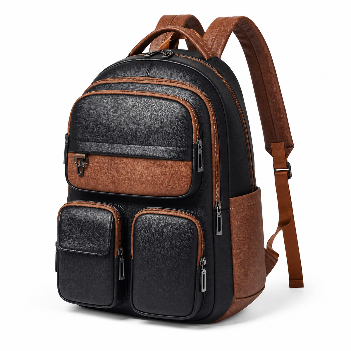 Black Brown Vegan Leather Travel Backpack