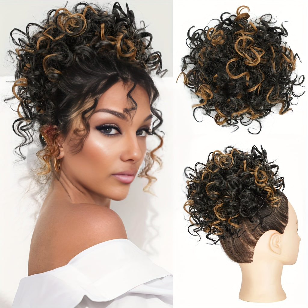 Stunning And Gorgeous Large Clip-In Afro Curly Synthetic Hair Bun - A Secure Drawstring Synthetic Hair Bun with Curls, Reusable Ponytails for Women, Available in a Variety of Gradient Colors: Brown, Dark Brown, Blonde, Copper