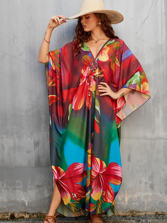 Women's Long Beach Cover Up With Floral Print Kaftan Deep V-neck Casual Vacation Bikini Swimsuit Cover Up