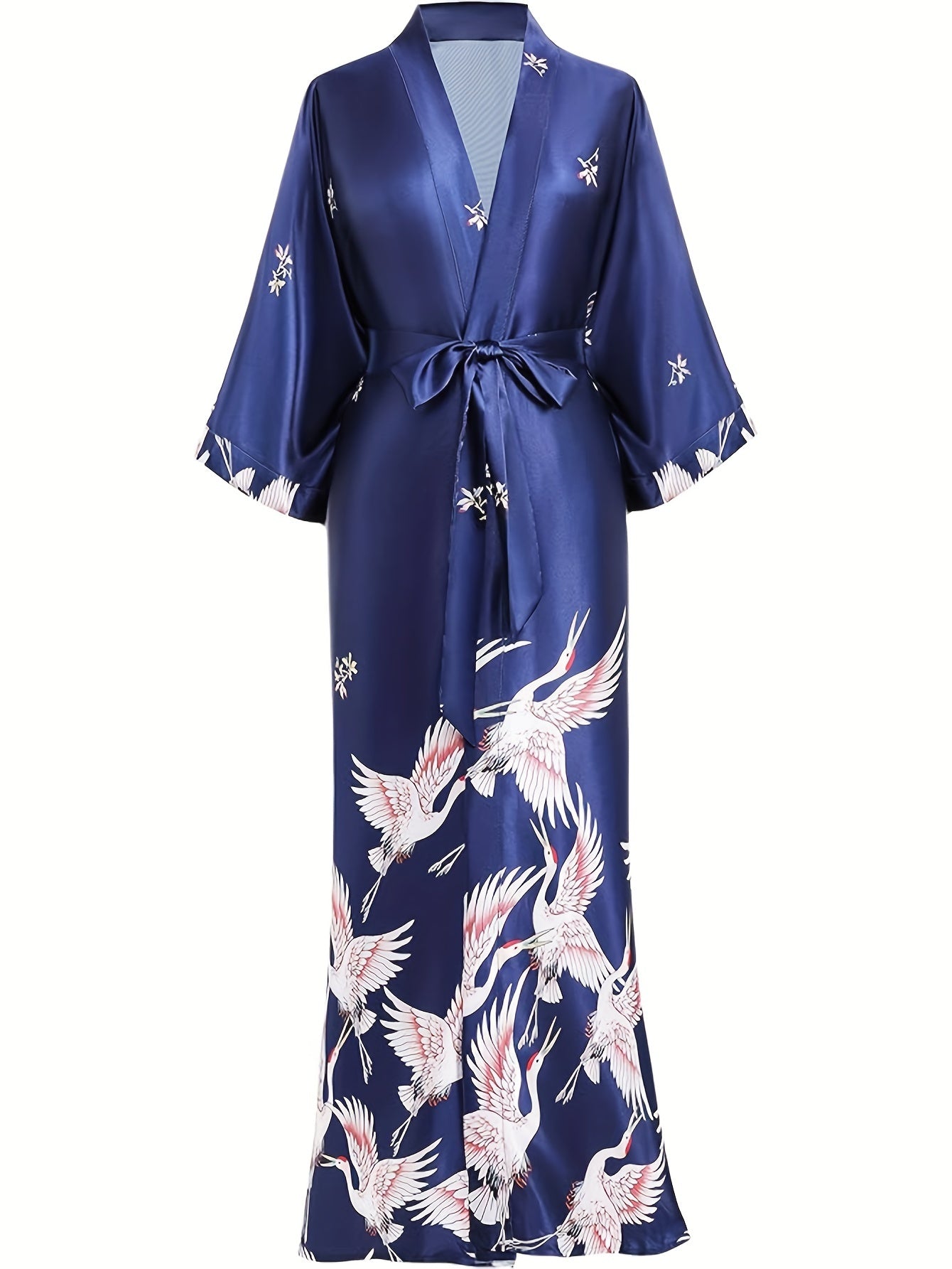 Long Kimono Robe Satin Sleepwear Blouse Bathrobe Nightgown Floral Crane Kimono Cardigan Robe