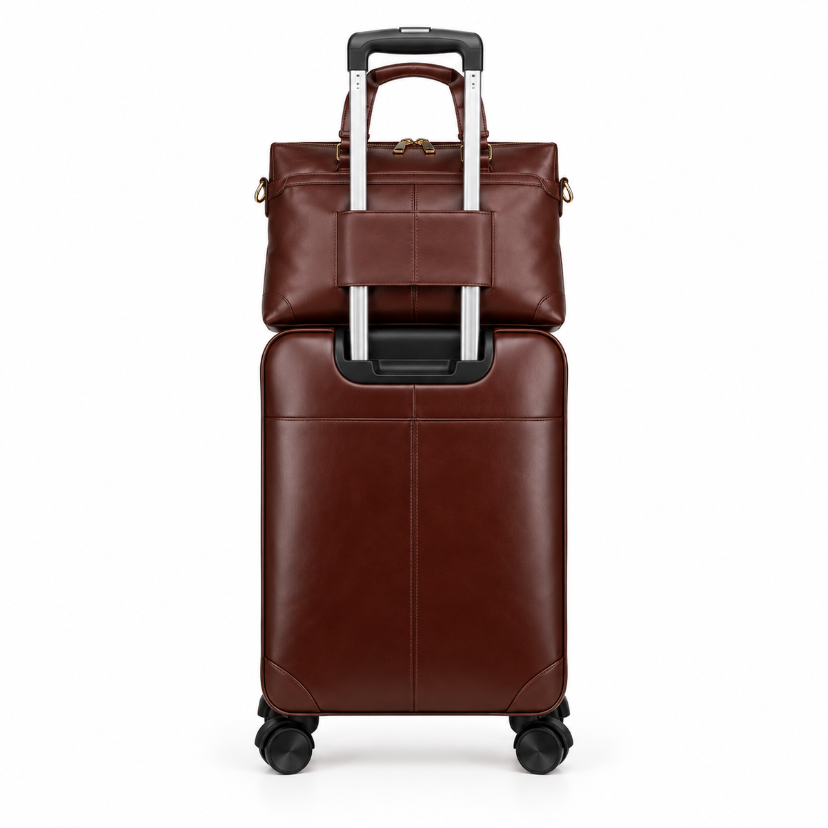 Coffee Brown Leather Trolley Luggage With Tote