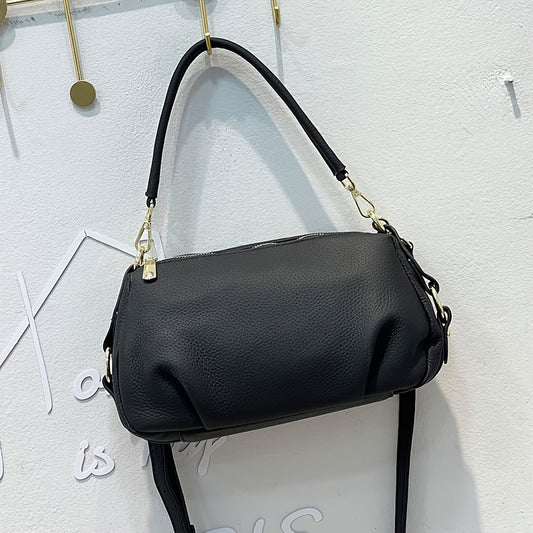 Genuine Leather Crossbody Bag for Women - Chic Black Shoulder Handbag with Adjustable Strap, Golden-Tone Hardware & Decorative Tassel