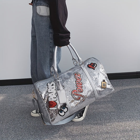 Sequin Leather Duffel Travel Luggage Bag | Separate Shoe Compartment, Dry and Wet Separation Pocket, Perfect for Weekend Short Trips