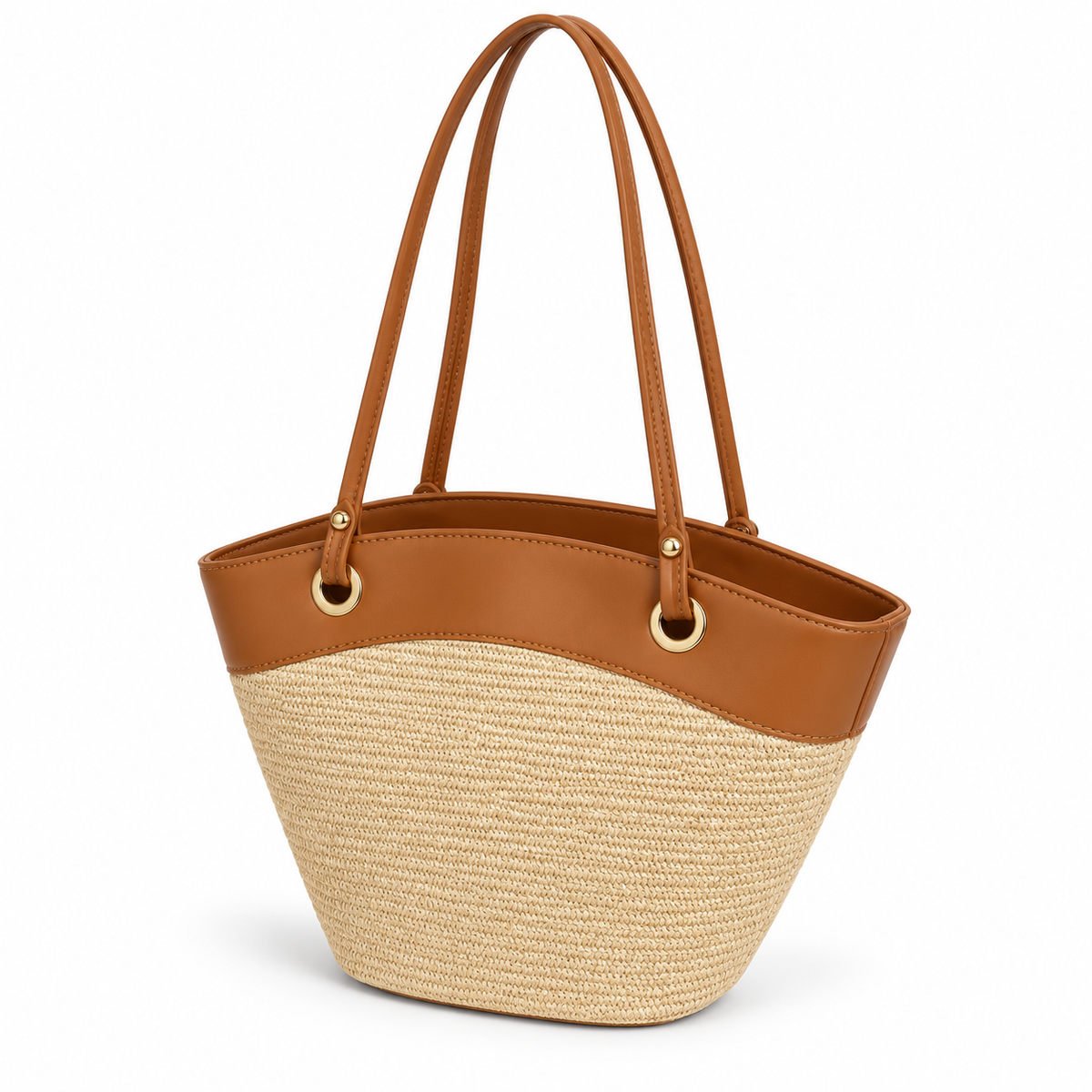 Beige Woven Tote With Brown Trim