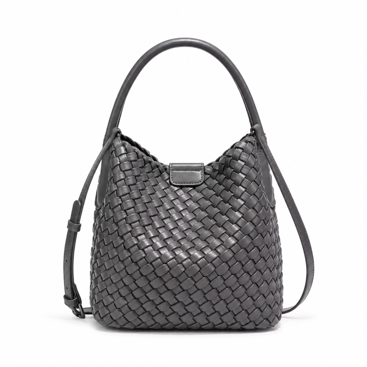 Elegant Grey Woven Bucket Shoulder Bag