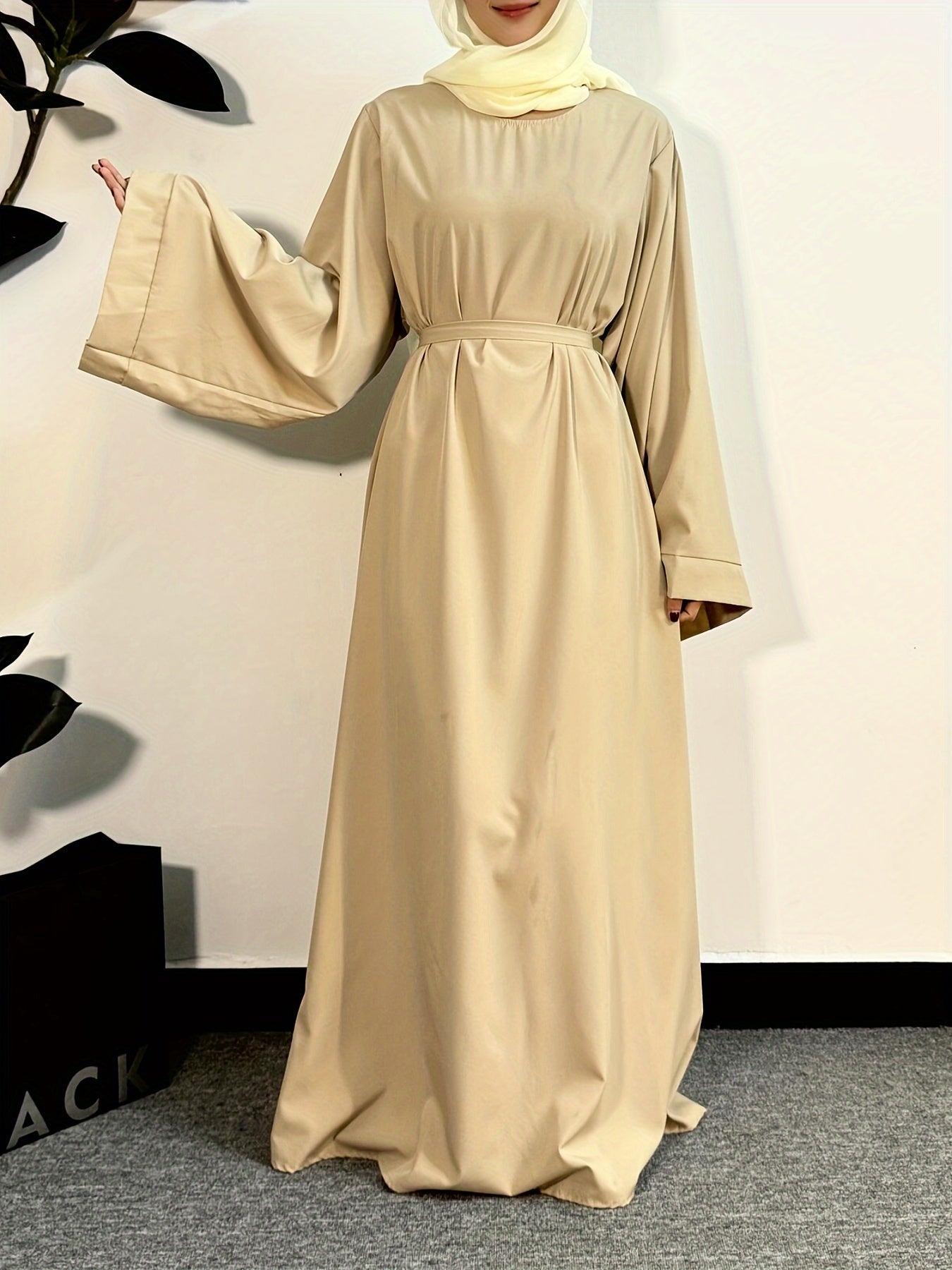 Women's Long Polyester Palestinian Abaya Kaftan with Belt - 100% Polyester, Solid Color, Regular Long Sleeve, Loose Fit, H-Contour, Woven, Non-Stretch, All Seasons, Full-Length Islamic Prayer Dress