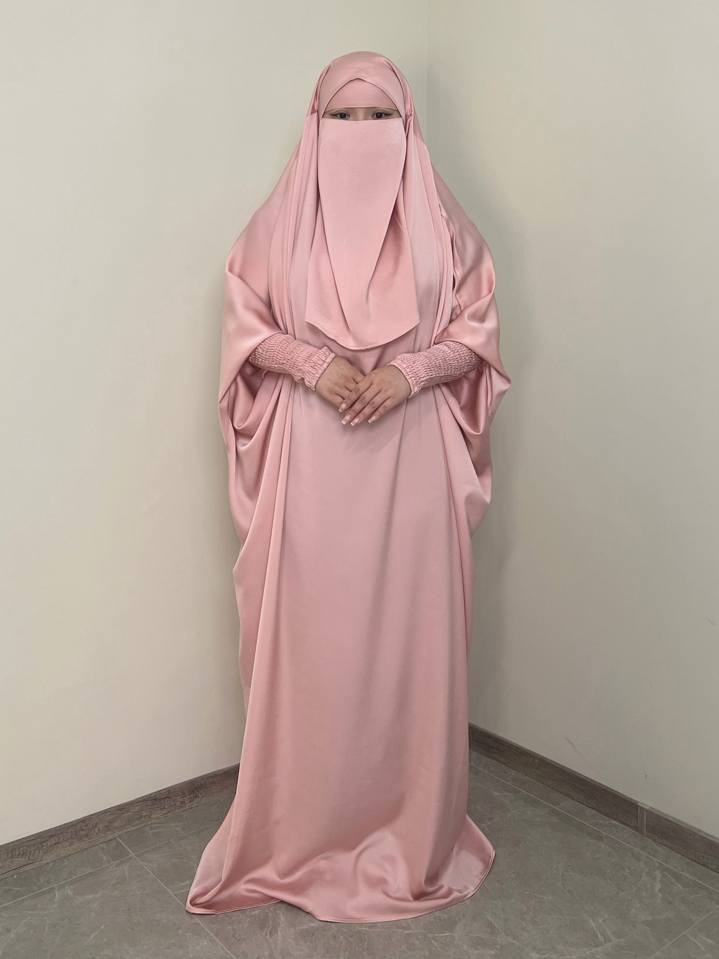 [Satin Modesty Dress] Free Size Satin One Piece Modesty Abaya Burkha - Jilbab Niqab Attached