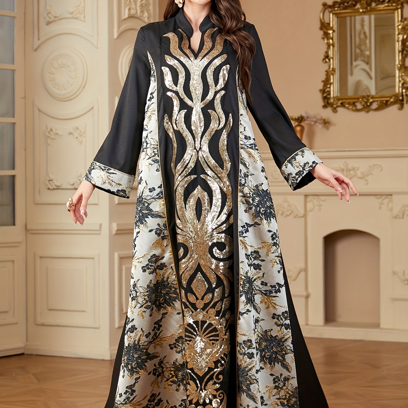 Polyester Long Sleeve A-Line Modern Abaya, Color Block Pattern, Contrast Sequin Design, Non-Stretch Fabric, Woven, 130g/m², with Asymmetrical Hem, for Muslim Women