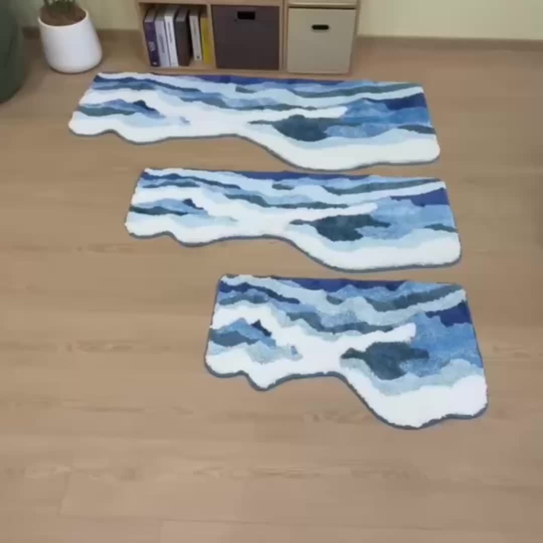 Ultra-Soft Blue Ocean Wave Tufted Rug - Thick, Non-Slip TPR Backing, Absorbent for Bathroom & Living Room Decor
