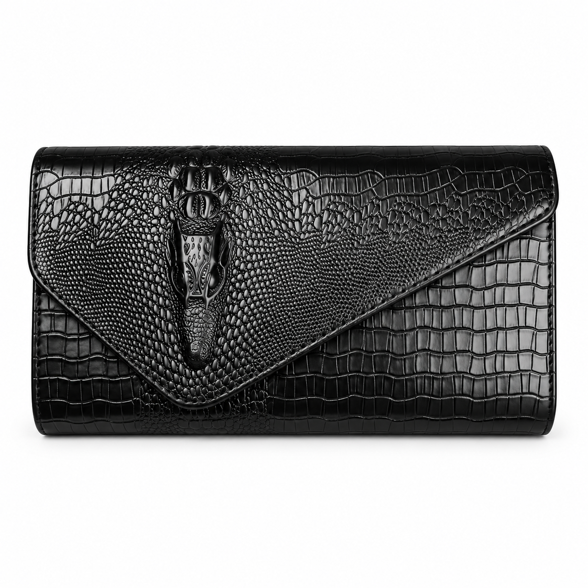 Black Crocodile Embossed Envelope Evening Clutch