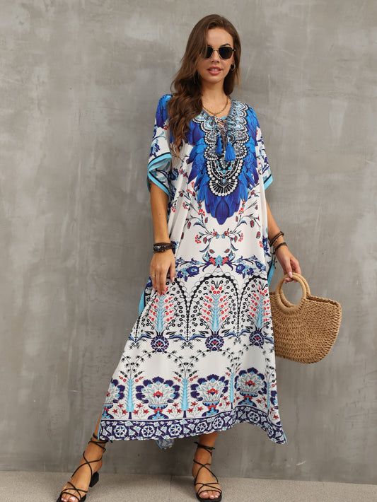 Women'S Kaftan Dresses Flower Print Beach Cover Up Vacation Robe V-neck Side Slit Casual Home Vacation Beach Swimsuit Cover Up Loose Long Dress