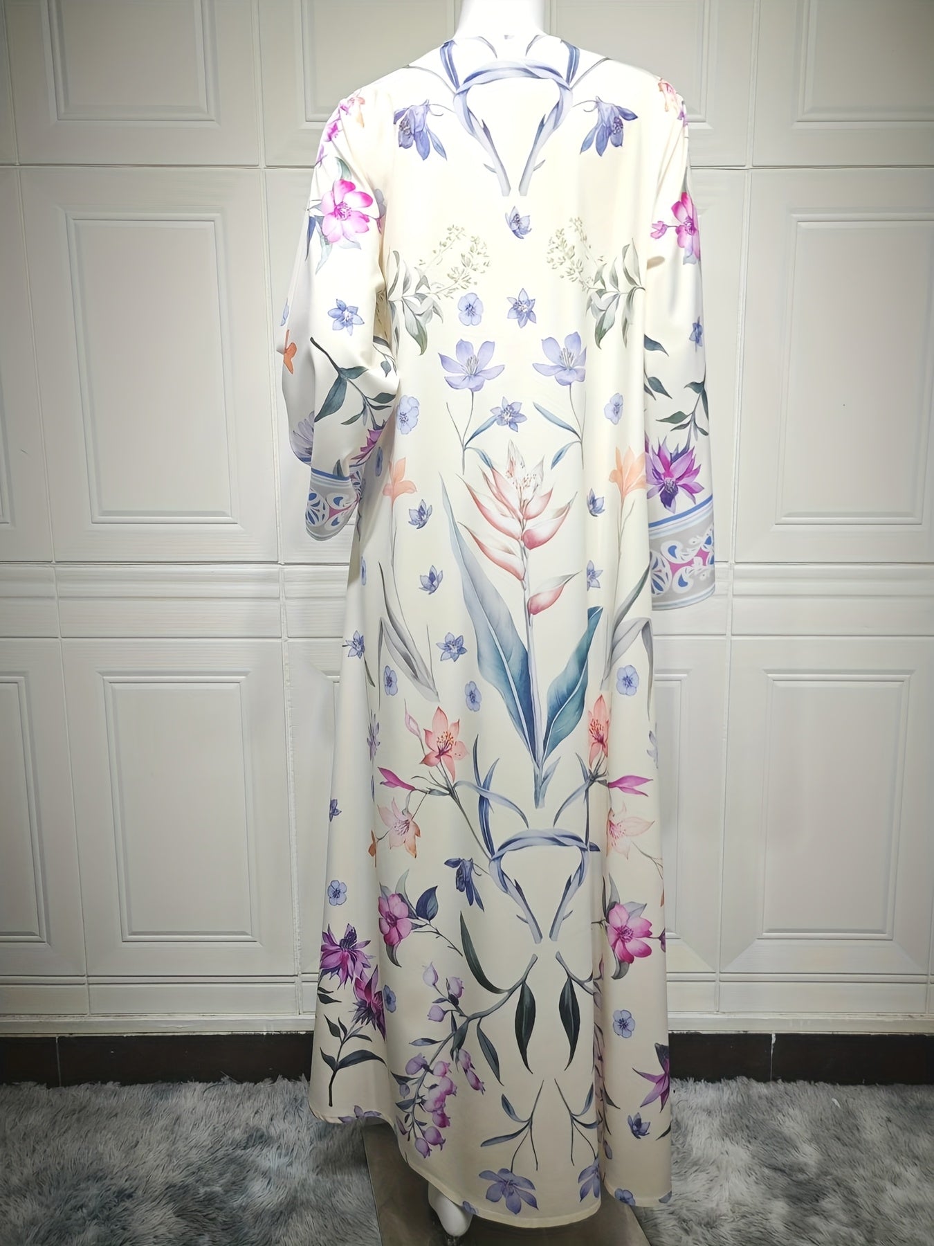 Floral Print V-Neck Abaya Robe with Long Sleeves - Lightweight Loose Fit Long Dress and Headscarf Set for Women, Spring/Summer Collection, Versatile Fashionable Long Robe, Headscarf 2pcs